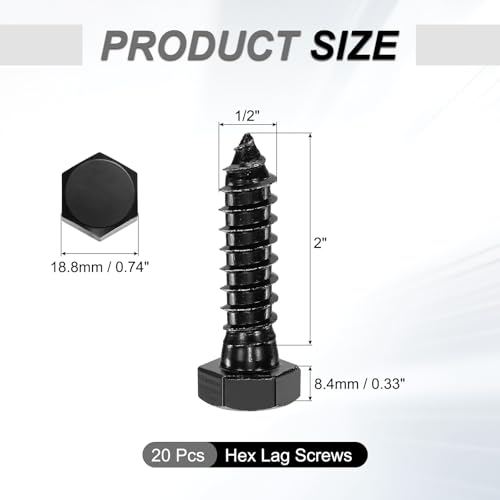 uxcell 1/2" x 2" Hex Head Lag Screws Bolts, 20 Pcs 304 Stainless Steel Hexagon Head Lag Bolt Wood Screws, Full Thread, Black Zinc Plating 1/2" x 2"