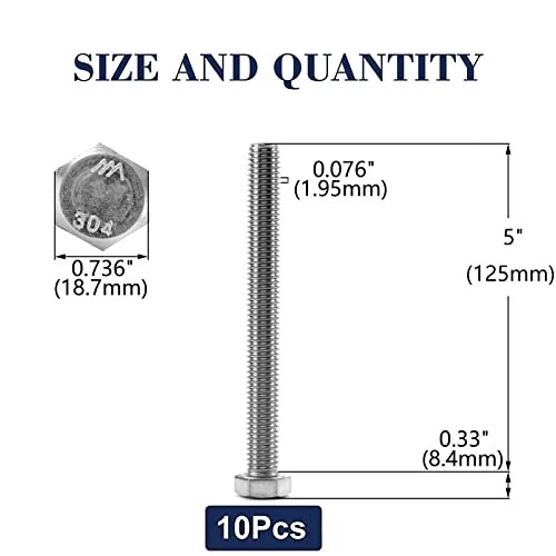 1/2-13 x 5 Hex Head Screw Bolt, 10Pcs 18-8 (304) Stainless Steel, Fully Threaded, Plain Finish, by SG TZH