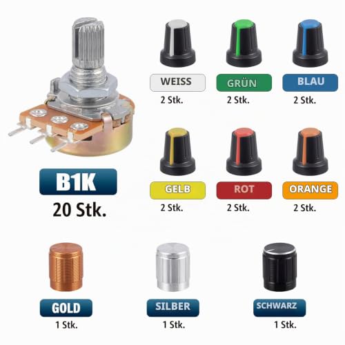Pack of 20 1K Ohm B1K Potentiometer WH148 Mono Linear Rotary Potentiometers 3 Clamps Single Potentiometer with Nuts and Washer and Knob