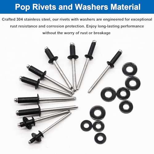 smseace 600Pcs Stainless Steel Black Pop Rivets with Washer Assortment Kit 8-Sizes Stainless Rivets(1/8Inch 5/32Inch 3/16Inch) for Metal,Furniture,Automotive,Instruments Black Stainless Steel 600Pcs 8-Sizes