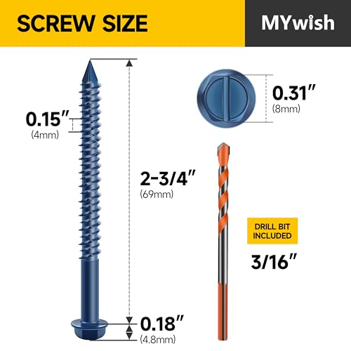 Mywish 30Pcs 1/4 x 2-3/4" Concrete Screws & 210Pcs Hex Head Bolts and Nuts Assortment, Bolts and Nuts Kit with Flat Spring Washers, Slotted Hex Washer Head Masonry Stucco Screws Anchor Kit