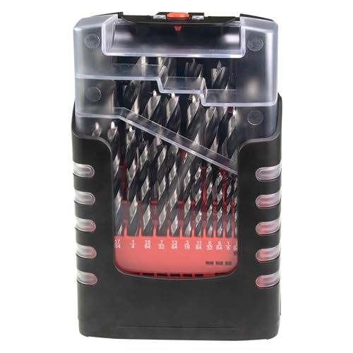 Chrome Vanadium Brad Point Drill Bit Set, 29-Piece Imperial Size from 1/16" to 1/2" Inches Within Plastic Storage Case