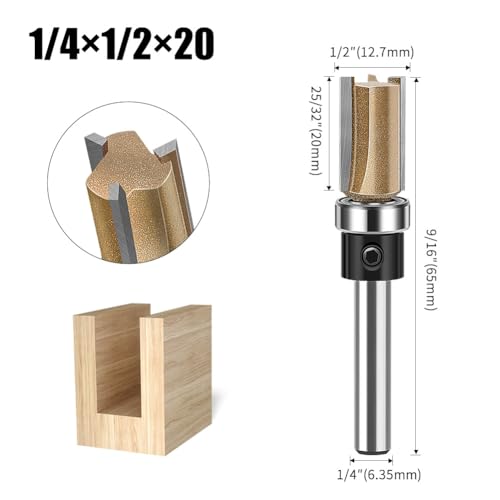 3-Flute Bottom Bearing Flush Trim Bit Set 1/4" 4PC 15/32"-1-1/2" Inches