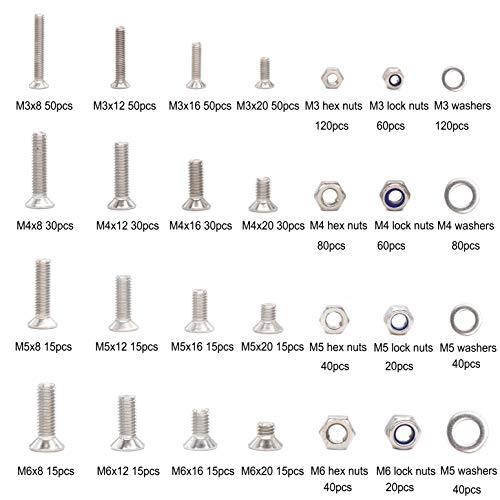1020pcs M3 M4 M5 M6 Flat Phillips Countersunk Head Machine Screws Bolts Nuts Washers Assortment Kit, 304 Stainless Steel, Silver Tone M3 M4 M5 M6 1020pcs (Countersunk Head-304)