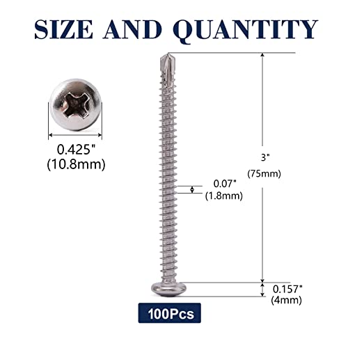 #12 x 3" Sheet Metal Screws 100Pcs 410 Stainless Steel Pan Head Fast Self Tapping Screws by SG TZH #12 x 3"