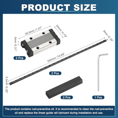 sourcing map 2 Pcs MGN9 500mm Linear Sliding Rail Guide with MGN9H Sliding Carriage Block and Mini Guide, Linear Motion Guideway for Mini Engraving CNC Machine 3D Printer