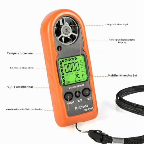 Kethvoz 816B Mini Hand Wind Gauge | 0.3~30m/s, Bft Scale & Temperature, Windchill, Wind Gauge for Windsurfing, Kite, Sailing, Drones, Outdoor, Flagpole Anemometer 816B (1 pack