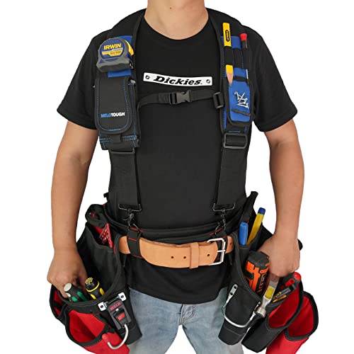 MELOTOUGH Magnetic Suspenders Tool Belt Suspenders with Large Moveable Phone Holder, Pencil Holder, Adjustable Size Suspenders + Tool Holster Cordless Drill Holster Tool Belt Hook with Metal Clip