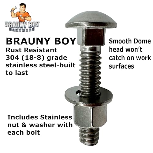(25) 3/8-16 x 1.5”- 304 (18-8) Grade Stainless Steel Carriage Bolts Screws Dome Head Nuts & Washers Included for Trailer Deck Floors headboards-Rust Resistant by BRAUNY BOY- Qty (25) 25 Pack