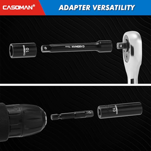 CASOMAN 52-Piece 1/4" Magnetic Nut Driver Set & 1/4" Dr. Shallow and Deep Impact Socket Set, Metric, Includes Adapter, Extension Bar, Universal Joint and Long Impact Bit