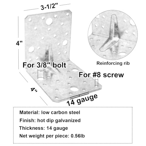 4 Pack Galvanized Steel L Angle Bracket for 4x4 Wood 90 Degree Corner Brace
