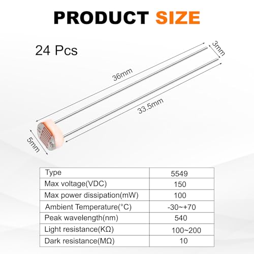 sourcing map 24 Pieces Photoresistor Kit 5mm Light Dependent Resistor (LDR) Light Sensitive Resistor Passive Components for DIY Industrial Experiments, GL5549 100~200KΩ