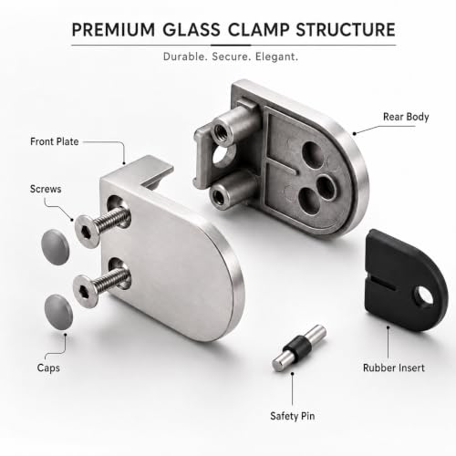 4-Pcs Round Flat-Back Glass Clamps, 304 Stainless Steel, Polished 4 D,Hair line
