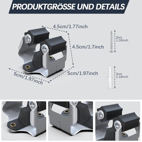 3-H Tool Holder Wall Mount, Wall Broom Holder for Mops / Brooms / Garden Tools for Walls, Masonry / Doors - Up to 4 kg | Broom Holder Wall Mount for Broom Garden Tools Shovel Mop Device Holder for Home Garden Garage Powder Coated 10 Black