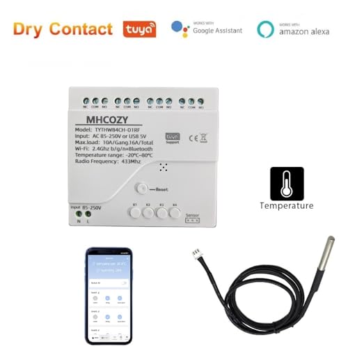 Tuya app WiFi Temperature Sensor Controller,Phone Monitor and Control Temperature Anywhere,4 Channel 110v 10A Dry Contact Relay Switch,Compatible with Alexa Google Home