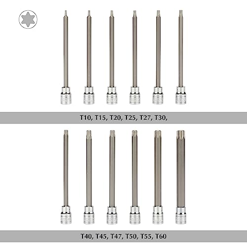 EMENTOL 12PCS 3/8" Drive Extra Long Torx Bit Socket Set, CR-V, S2 Steel, 5.9" Length Star Bit Socket Set, T10 - T60 12PCS Extra Long Torx Bit Socket Set (T10-T60)