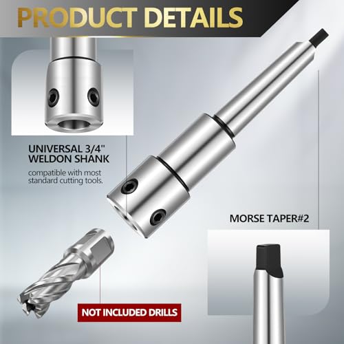 Annular Cutter Arbor Adapter, Morse Taper MT2 to 3/4" Weldon Shank for Drill Press & Milling Machine, Chrome Steel, High Precision CNC Machined, with Set Screws & Pilot Pin