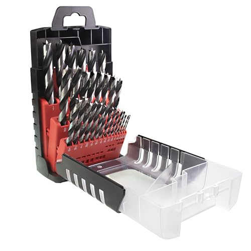 Chrome Vanadium Brad Point Drill Bit Set, 29-Piece Imperial Size from 1/16" to 1/2" Inches Within Plastic Storage Case