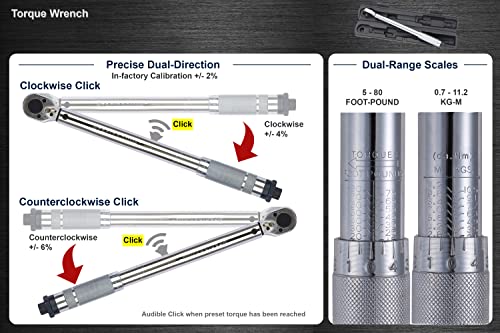 3/8" Drive 5-80 ft-lb (0.7-11.2 kg-m) Dual-Direction Click Torque Wrench 3/8" Drive 5-80 ft-lb