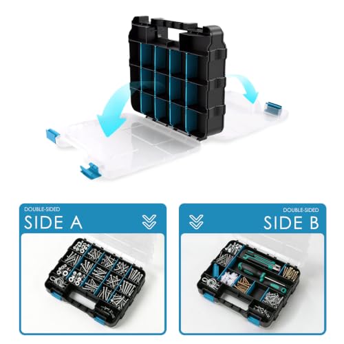 Tool Box with 34 Compartments, Double Sided Hardware Organizers Toolbox Blue 2 Pack