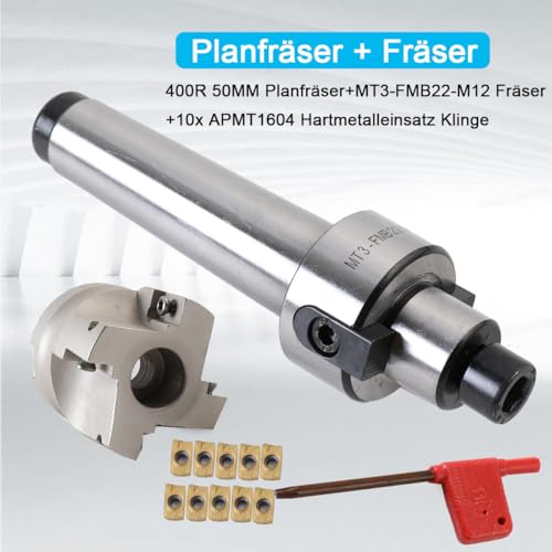 400R-50-22 Face Milling Cutter MT3-FMB22-M12 10 Carbide Inserts | MT3 Shank 50 mm 4 Cutting Edge Face Milling Cutter with T15 Wrench for CNC Milling Machines Tool Holder