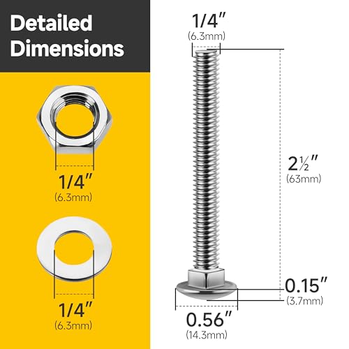 Mywish 100Pcs 1/4-20 Nut, T Nuts 4-Jaw Tee Nuts for Bolts and Stem Caster Wheels & (16 Sets) 1/4-20 x 2-1/2 Carriage Bolts Screws Round Head Square Neck and Hex Nuts & Flat Washers