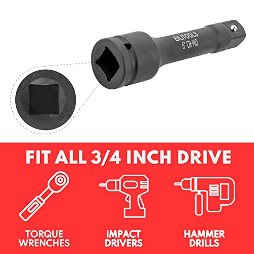 BILITOOLS 3Pcs 3/4" Drive Impact Extension Bar Set, 4" 6" 10", Cr-Mo Steel Impact Extension Set