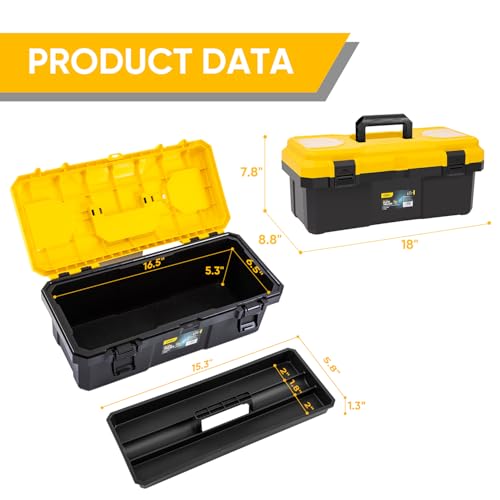 18 Inch Tool Box with Lock, 2-Layer Heavy-Duty Organizer with Removable Tray, Liftable Lid for Small Parts, 29lb Capacity & Carry Handle for Tools, Camping, Medical Supply Storage 18“
