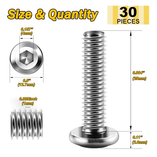 Mywish M6 Screw M6 x 25mm 30Pcs Flat Head Bolt Hex Socket Cap Screws Bolts &159-Piece M6 Screw Assortment Kit - 304 Stainless Steel Button Head Socket Cap Metric Screws, Bright Finish & Hex Spanner