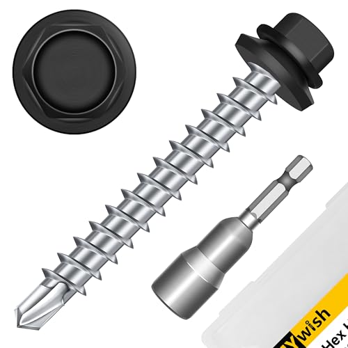 Mywish 100Pcs #10×2" Black Self Tapping Screws for Metal & 50pcs #10 x 1-1/2 Hex Head Self-Drilling Sheet Metal Roofing Screws with EPDM Washer, Sheet Metal Roof Screws, Self Drilling Screws High-Stre