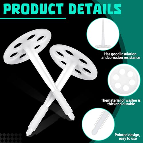 Wonderjune 100 Pcs 4" Plastic Insulation Masonry Fasteners 2.4" Washers Heavy Duty Plastic Concrete Anchors Pins Rigid Foam Board Insulation Fasteners for Concrete, Brick, Masonry Walls
