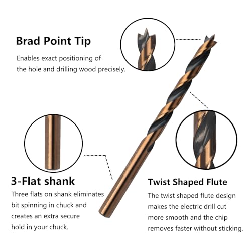 29PCS HSS Brad Point Wood Drill Bits Set for Carpenter Woodworking, 3-Flat Shank Black Gold for Hardwood, Plywood, Plastic 1/16"-1/2"