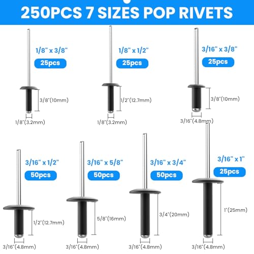 SDTC Tech 250pcs Black Pop Rivets Assortment Kit