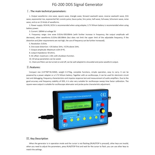 Function Signal Generator FG-200 DDS - Multifunctional Device for 0.01 Hz-500 KHz: Sine, Rectangle, Sawtooth Waves, High Precision - Signal Generator with Frequency Module