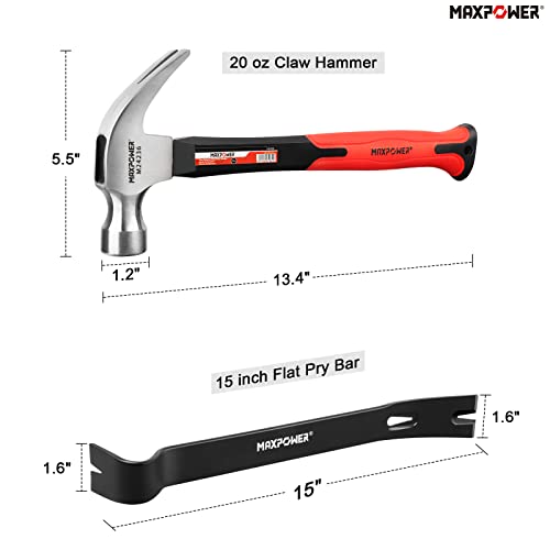 MAXPOWER Hammer and Pry Bar Set, 20oz Claw Hammer &15-inch Flat Pry Bar 20oz Claw Hammer Set