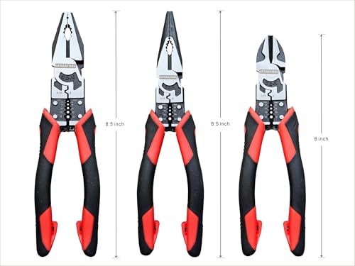 3PCS Combination Pliers Set, 9 In 1 Multifunction Electrician Tool, 8.5" Long Nose, 8.5" Linemens, 8" Diagonal Cutting Wire Stripper/Heavy Duty Side-Cut (Red/Black)