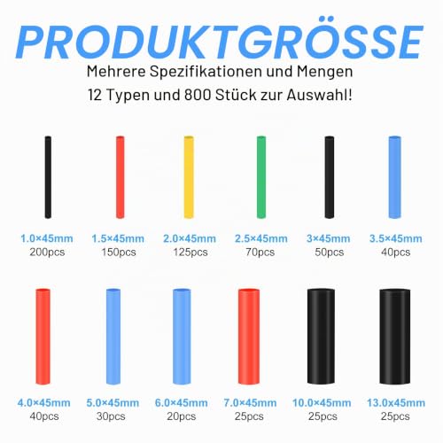 Lectorias 800 Piece Heat Shrink Tube Set, Heat Shrink Tube, Insulation Tube Cable, 5 Colors 12 Sizes, 2:1 Shrink Ratio, for Electrical Insulation and Wire Connections