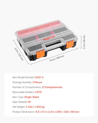 VEVOR 3-Pack Small Parts Organizer, 21 Compartments Tools Organizer Box with Removable Dividers, PP Hardware Storage Box with Safety Latch & Portable Handle for Nuts, Bolts, Screws, Nails Tool Boxes-3PC