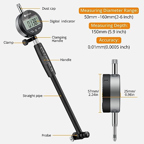 Neoteck Bore Gauge Set Digital Indicator Dial Bore Gauge (2-6"/0.0005") Black 2-6 inch
