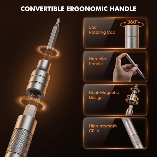 64-in-1 Ratchet Screwdriver Set with Detachable T-Handle, Magnetic Screwdriver Set, S2 Steel Bits and Sockets, Precision Multi Screwdriver Kit for Electronics, Furniture, DIY and Household Repairs