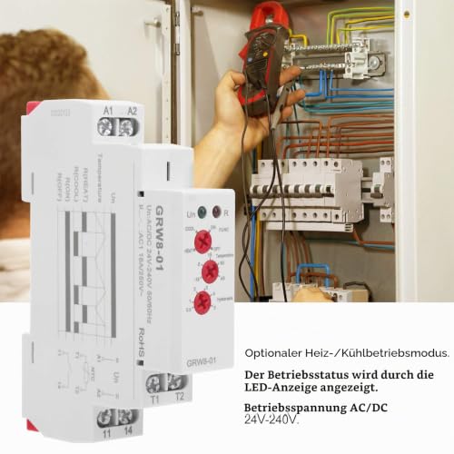 BuyWeek Temperature Control Relay, AC/DC 24 V-240 V Temperature Controller Relay 35 mm Rail Installation Thermostat Relay with Probe, LED Display High/Low Temperature Monitoring (GRW8-01)