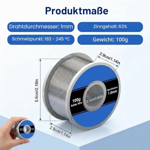 Solder with Flux 1mm 100g, Stable and Precise Welding | Solder wire for circuit boards, electronics repair, DIY, low temperature solder with rosin core for clean, stable soldering