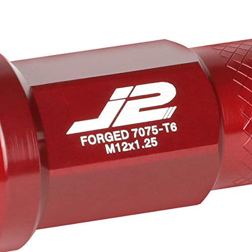 J2 Engineering 7075 Aluminum M12 x 1.25 20 Pcs 50mm Open End Lug Nut Set w/Adapter Red fit Vehicles with 4 or 5 Lug M12x1.25 Threads
