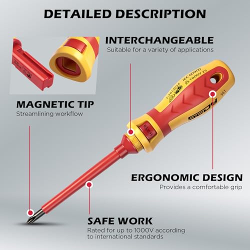 1000V Insulated Electrician Screwdriver Set - 13-Piece Professional Electrical Screwdriver Set Insulation Handle CRV Steel Magnetic Phillips Slotted Pozi Torx Tips VDE & GS Certified 13 Pcs Vde Interchangeable Pro