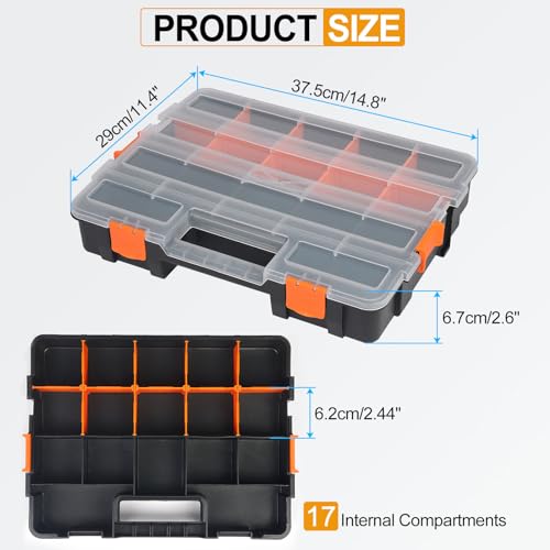 HARFINGTON Single Side Tool Organizer 14.8"x11.4"x2.6" 17-Compartment Hardware Storage Box with Removable Plastic Dividers for Screws Nuts Nails Bolts