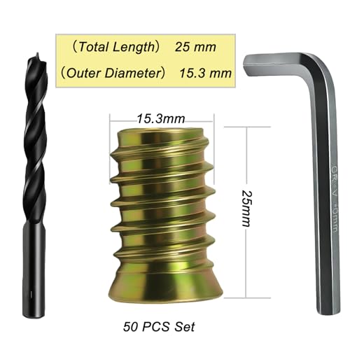 3/8"-16 Wood Threaded Inserts, 50Pcs Hex Drive Zinc-Plated Screw-in Nuts