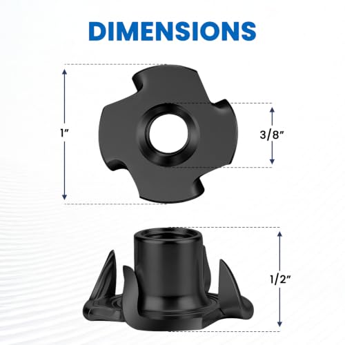 Mellewell 3/8"-16 T-Nuts, Black Zinc Plated Steel 4-Pronged Tee Nut for Wood, Rock Climbing Holds, Furniture, 4-Jaw Threaded Insert for Bolts and Screws, 50 Pack Black Carbon Steel
