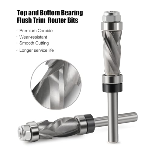 Compression Flush Trim Router Bit 1/4" Shank,1/2" Cutting Dia,Top and Bottom Bearing Carbide Spiral Up-Down Pattern Template Flush Cut Router Bit Woodworking Trimming Tool 1/4''x 1/2''x 1'' Uncoated