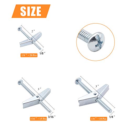 HELIFOUNER 45PCS Toggle Bolt and Wing Nut for Hanging Heavy Items on Drywall - 1/8 Inch, 3/16Inch, 1/4Inch 1/8 Inch, 3/16 Inch, 1/4 Inch (45 Pieces)