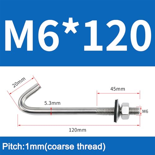 (10 Pieces) M6x120mm Roof Anchor Bolt Concrete Anchors Screws J Hook 304 Stainless Steel 7 Shape Wall Hook Long Shank Hooks With Hex Nut Washer